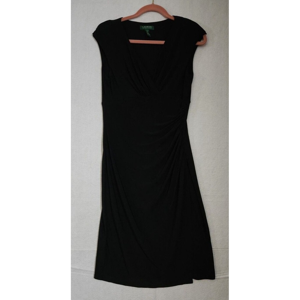 Lauren Ralph Lauren Dress Size 10 Shoulder Pads Gathered Side Polyester Black